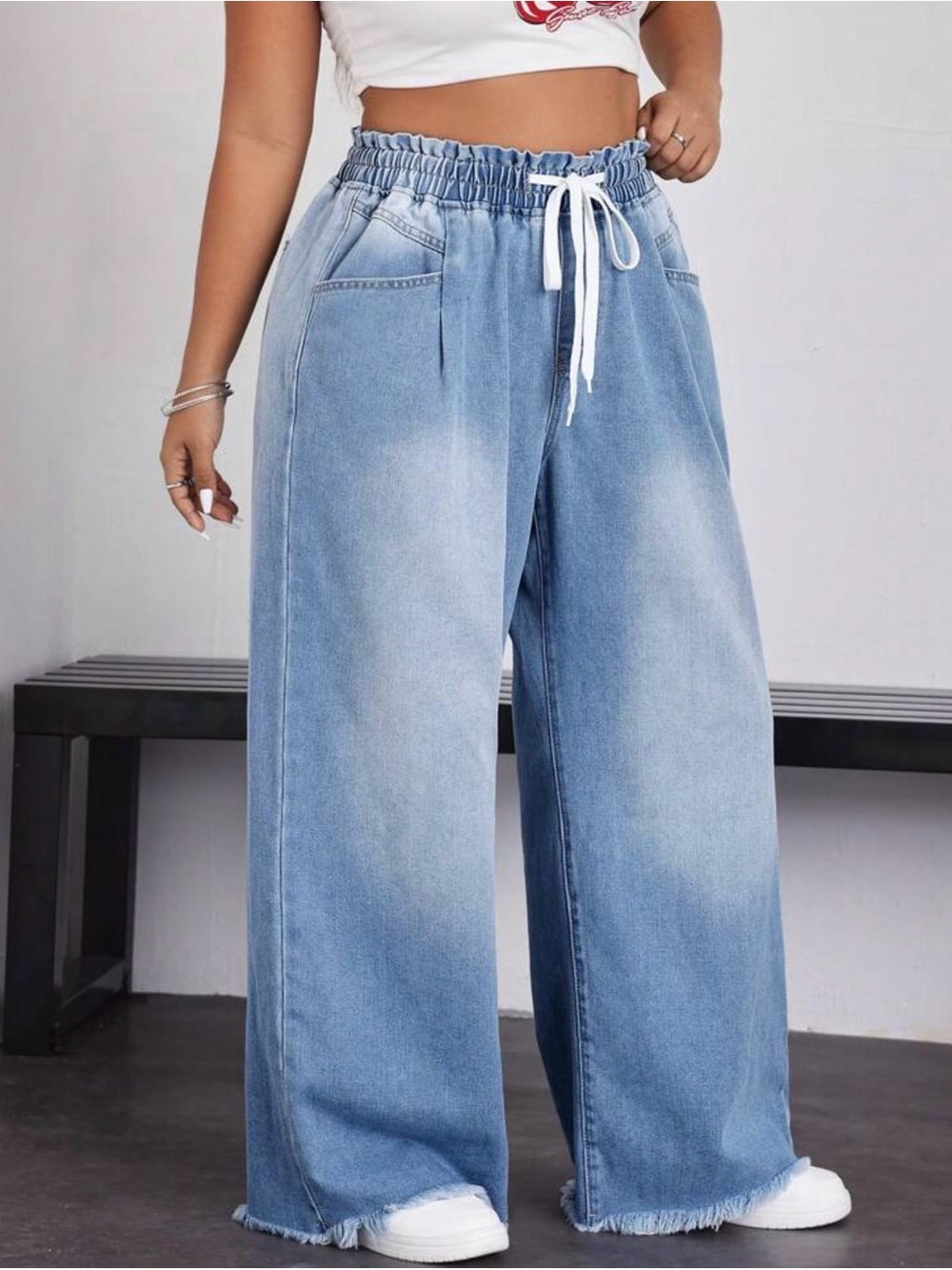 High-Waist Wide-Leg Light Blue Denim Jeans with Drawstring